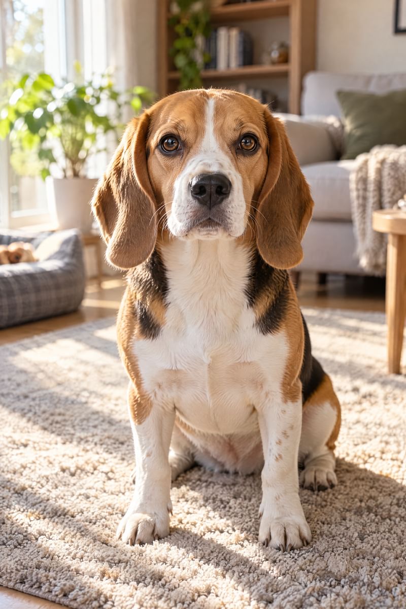A beagle photographed mid head shake: the photo is motion-blurred and marked Blurry.