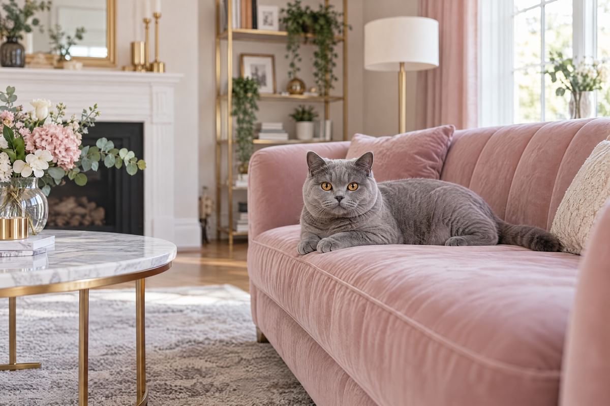 A British shorthair cat lies on a pink velvet sofa and looks into the camera.