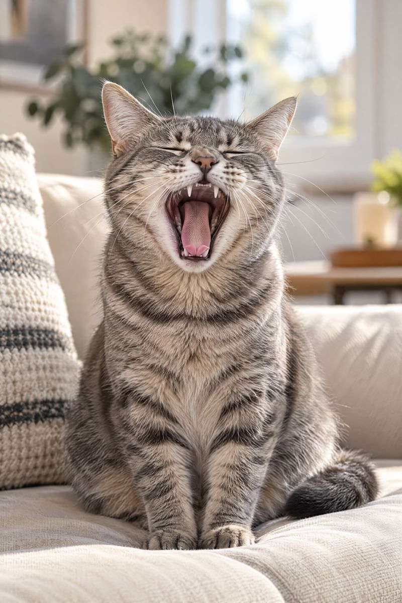 A grey tabby cat mid-yawn on a sofa.