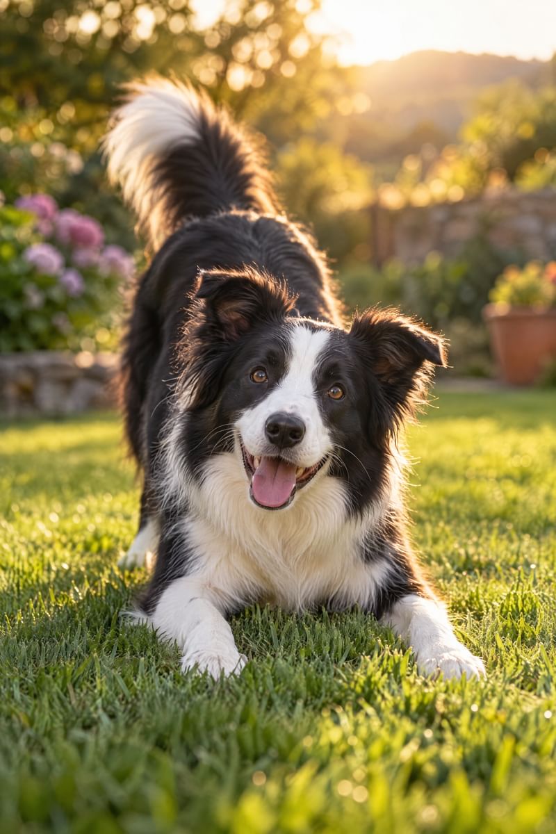 A border collie in a play bow on the lawn.
