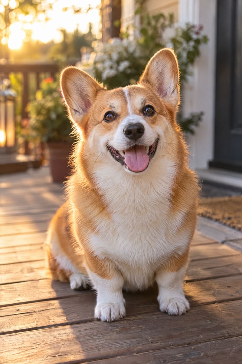A corgi with a big open-mouth smile looks at the camera on a sunny porch.