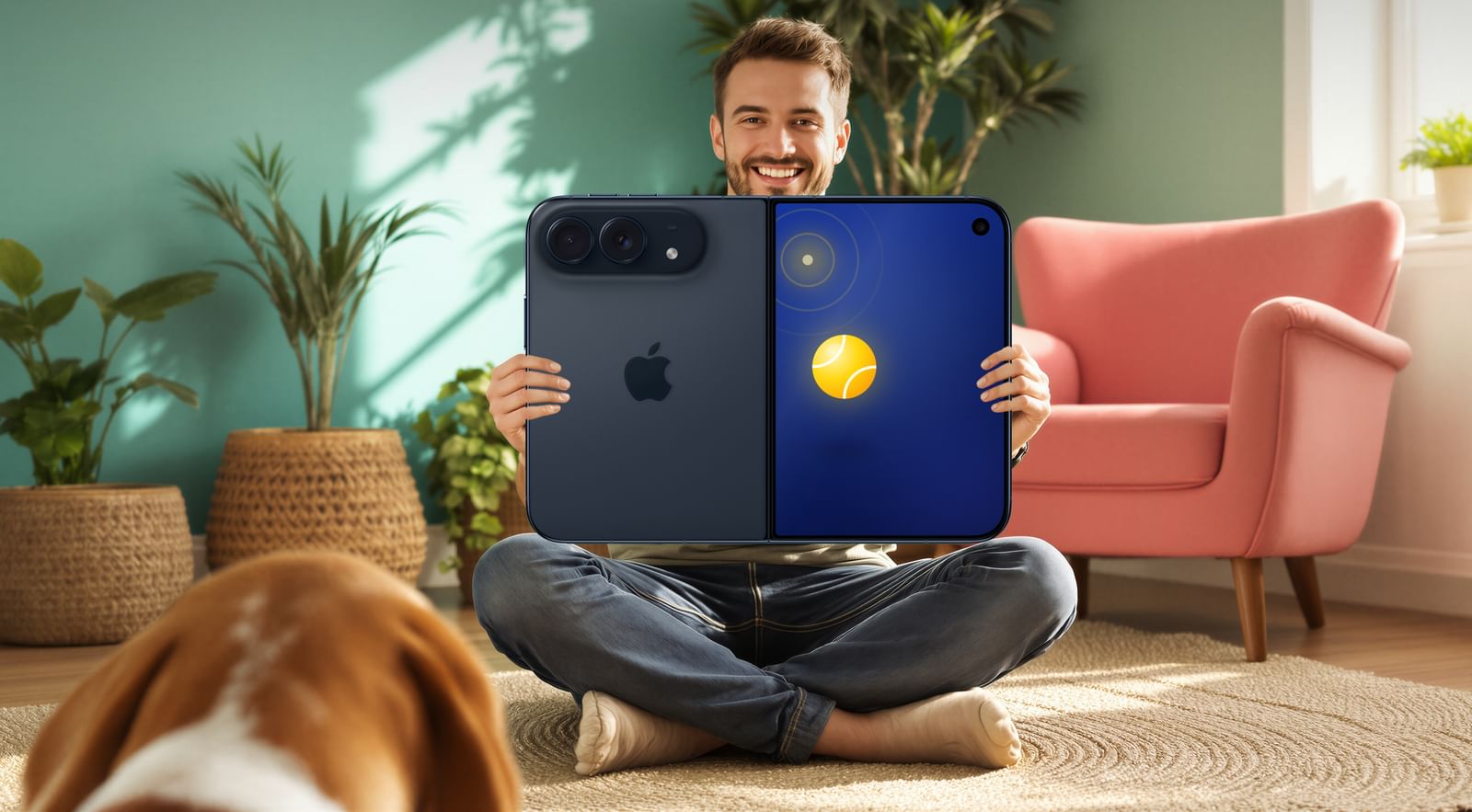 A man sits on the floor holding an open iPhone Duo toward his beagle; the outer display beside the camera shows a yellow ball cue.