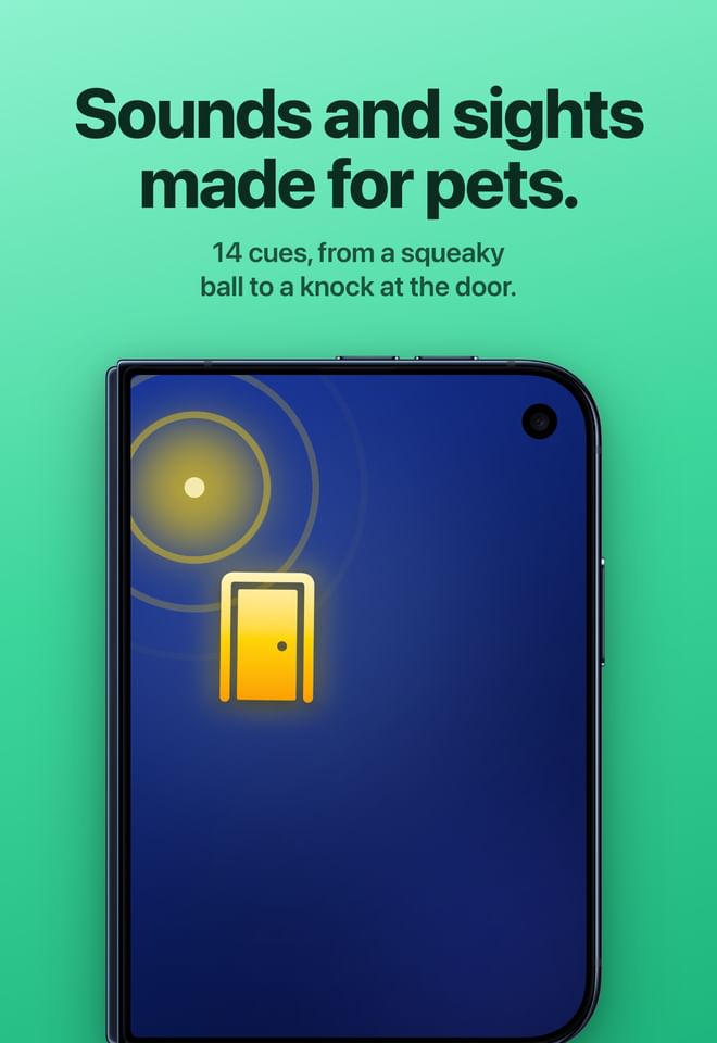 Outer display: a door cue. Sounds and sights made for pets: 14 cues, from a squeaky ball to a knock at the door.