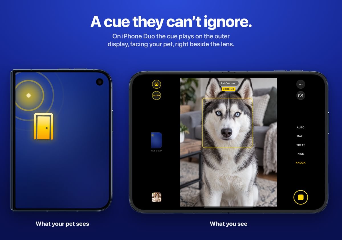 iPhone Duo App Store screenshot: A cue they can’t ignore. On the left, what your pet sees: the outer display with a glowing beacon by the lens and a door cue. On the right, what you see: Pet Cue’s camera with a husky looking at the lens.