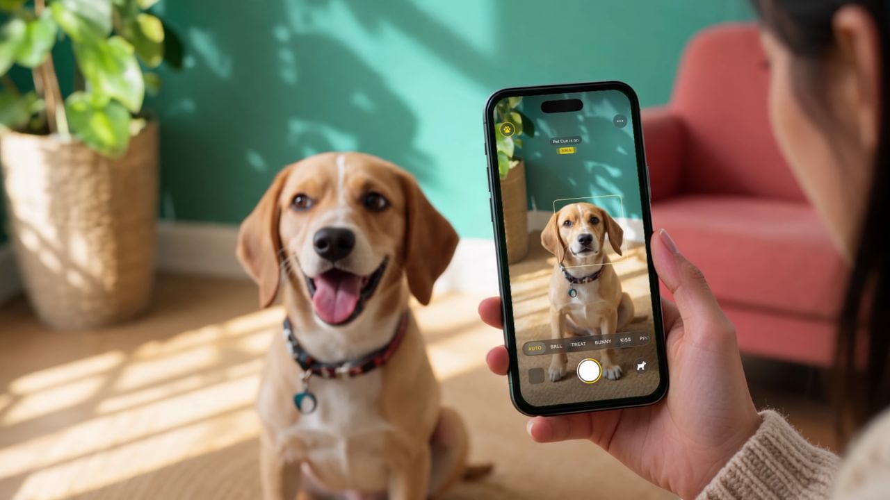 A beagle looks straight at a phone running Pet Cue, held up by its owner in a sunny living room.