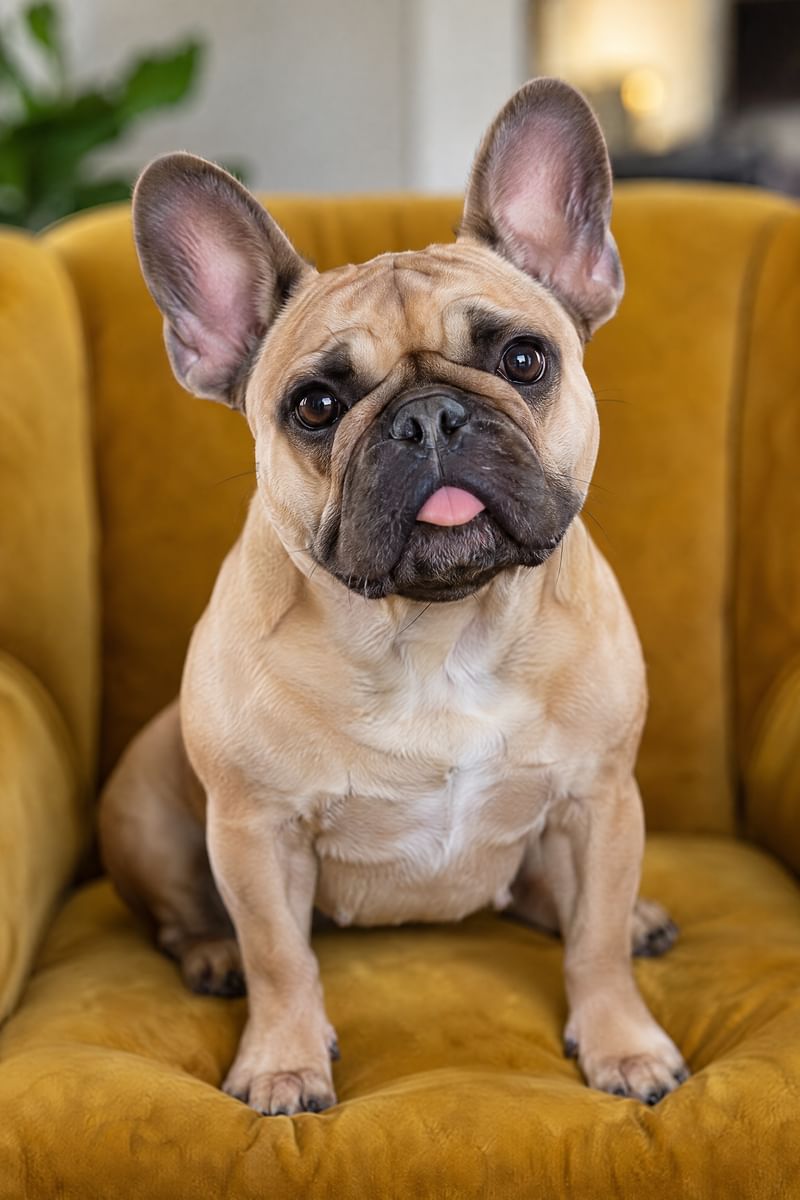 A French bulldog on a yellow armchair with the tip of its tongue out.