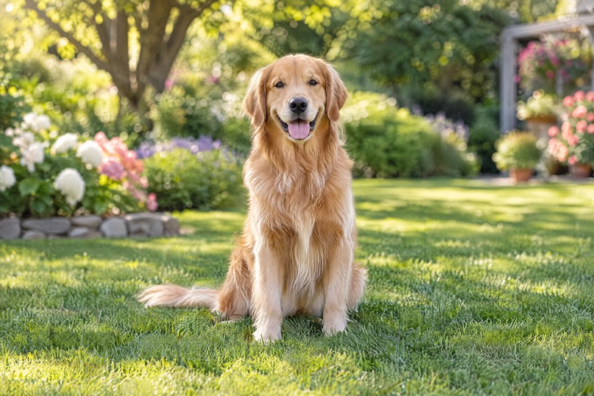 A golden retriever sits on a sunny lawn and looks straight into the camera.