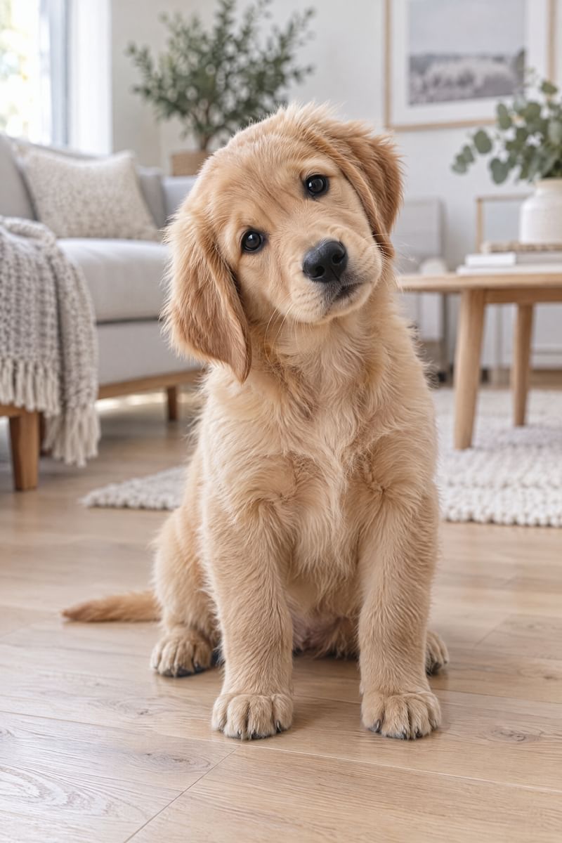 A golden retriever puppy tilts its head at the camera.