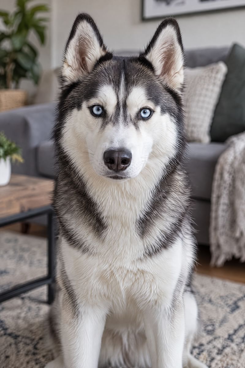 A Siberian husky with ice-blue eyes looks straight into the camera.