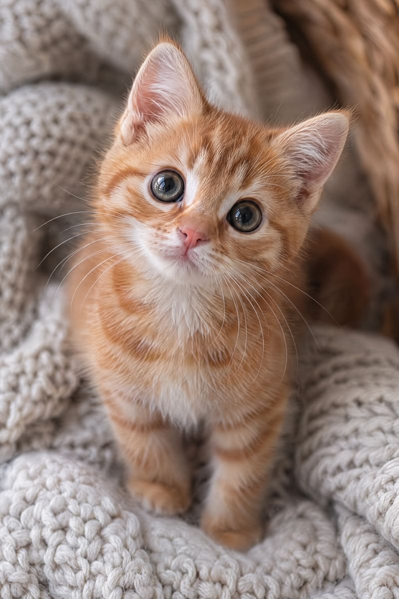 A ginger kitten on a knitted blanket looks up into the camera.
