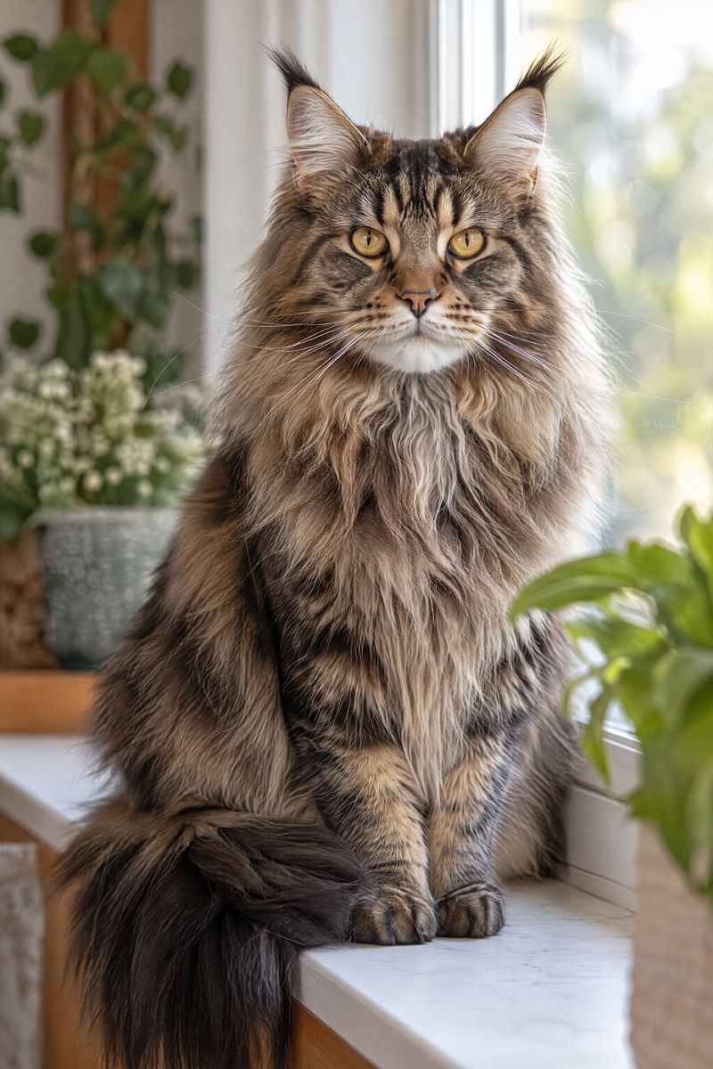 A Maine Coon with amber eyes looks straight into the camera from a windowsill.